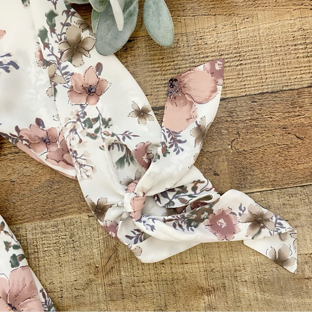 Floral Blouse, Wrap Style, Flowy, 3/4 Length Sleeves, Longer in Back - Picture 5 of 11